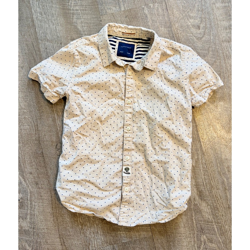 Cactus Boys Polka Dot Short Sleeve Button Down Shirt Cream Navy Blue Size 8